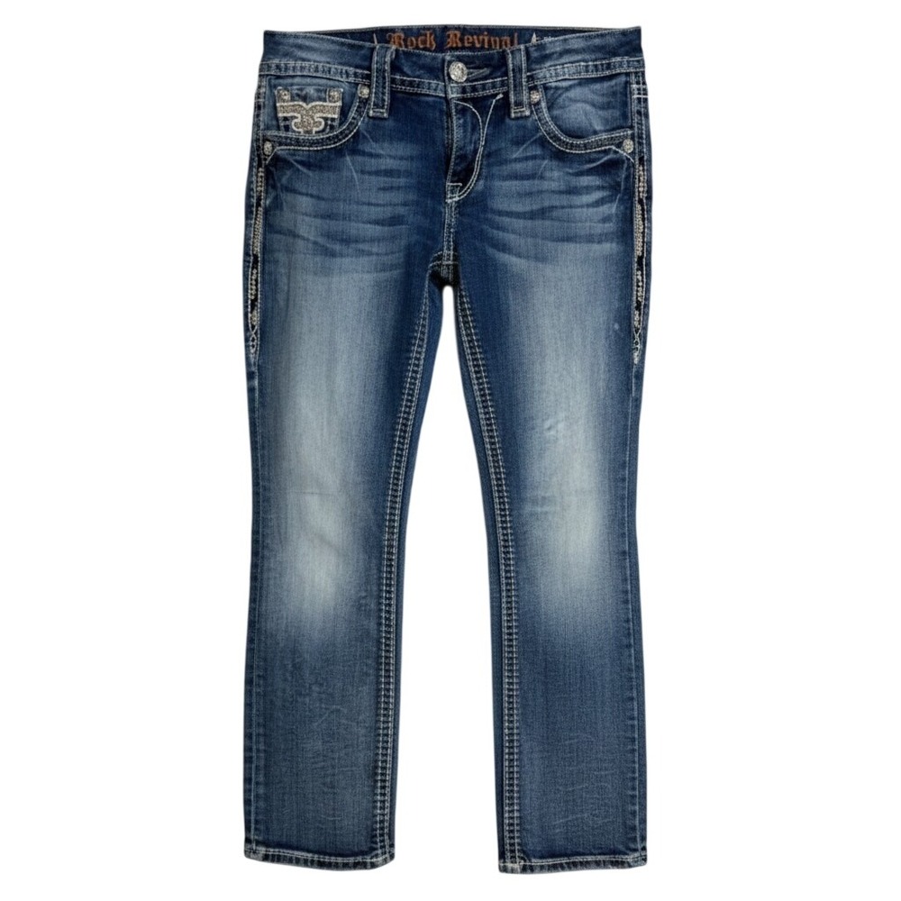 Rock Revival Betty Capri Women 27 Blue Medium Wash Embellished Biker - Picture 2 of 12